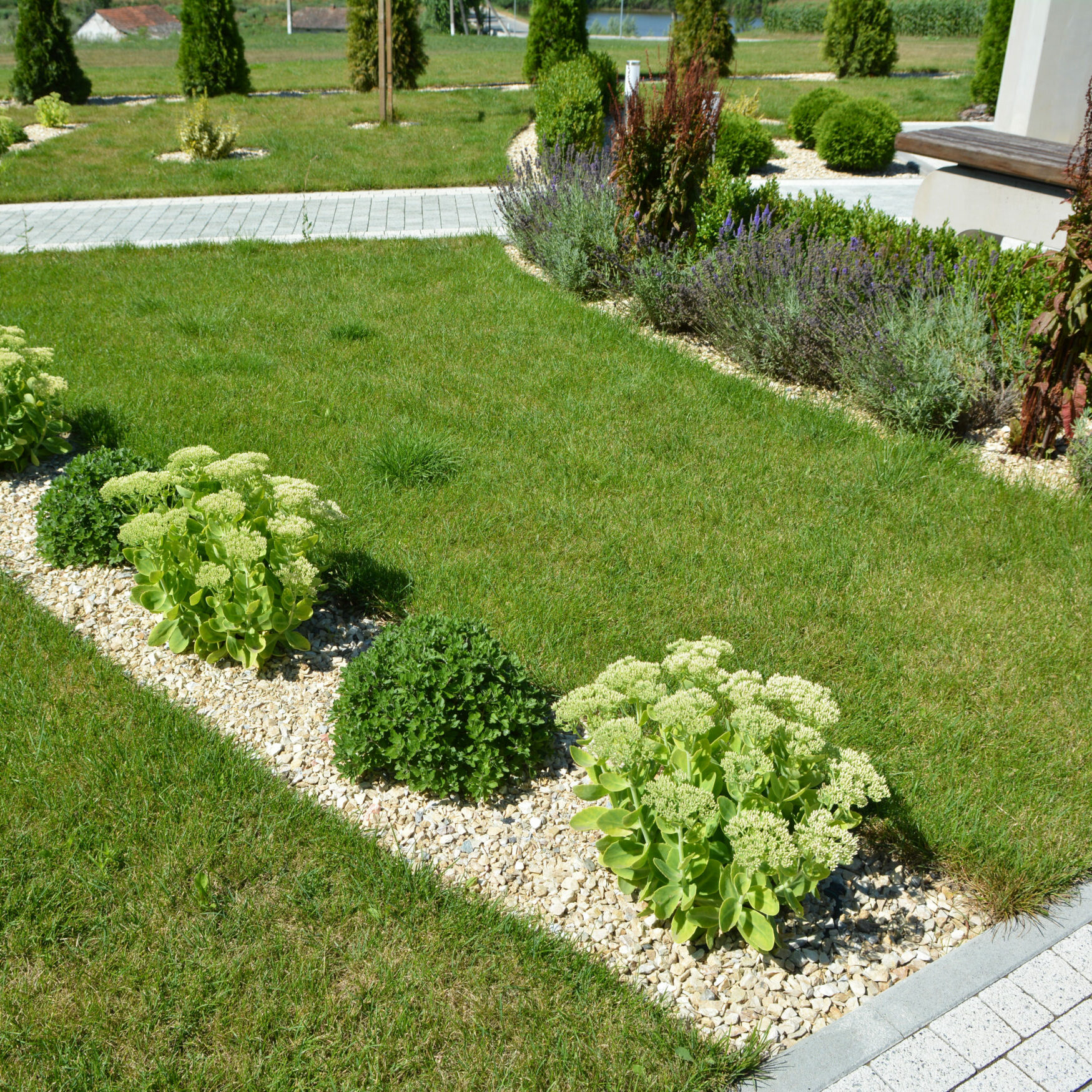 Fragments of modern design from landscaping in the garden, park, square, recreation area